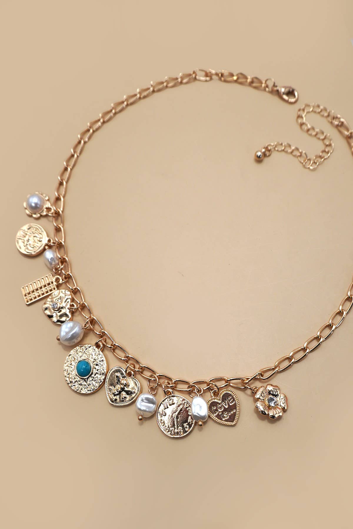 CHARM NECKLACE-PEARL HEART TURQ COIN CHARMS