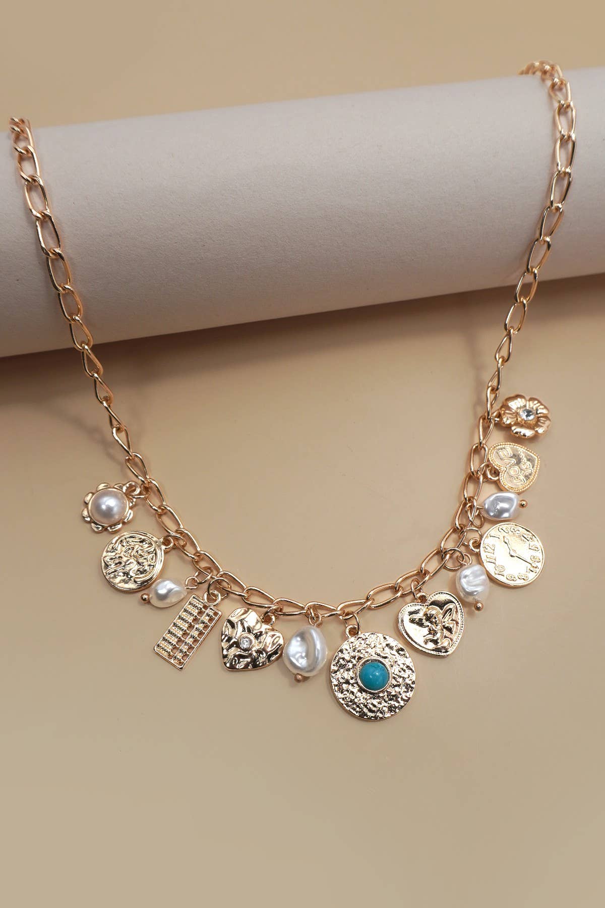 CHARM NECKLACE-PEARL HEART TURQ COIN CHARMS