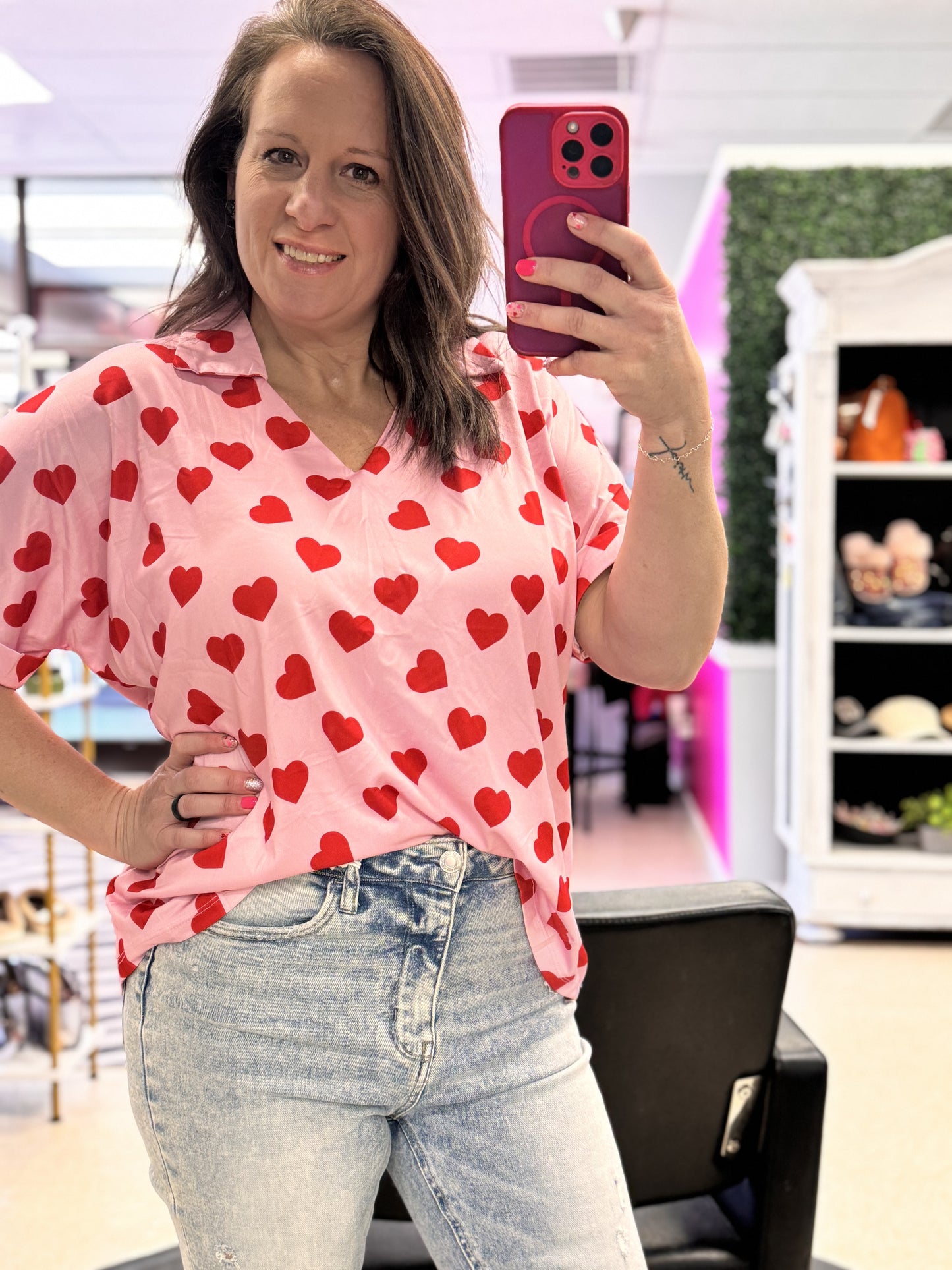 Cara Collared Top, Heart Print