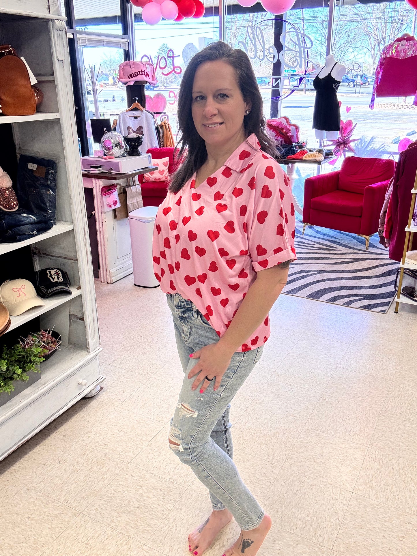 Cara Collared Top, Heart Print