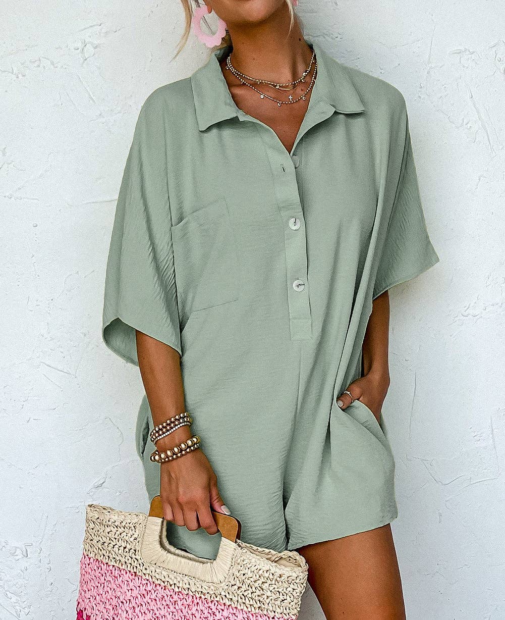 Half Button Collared Loose Romper