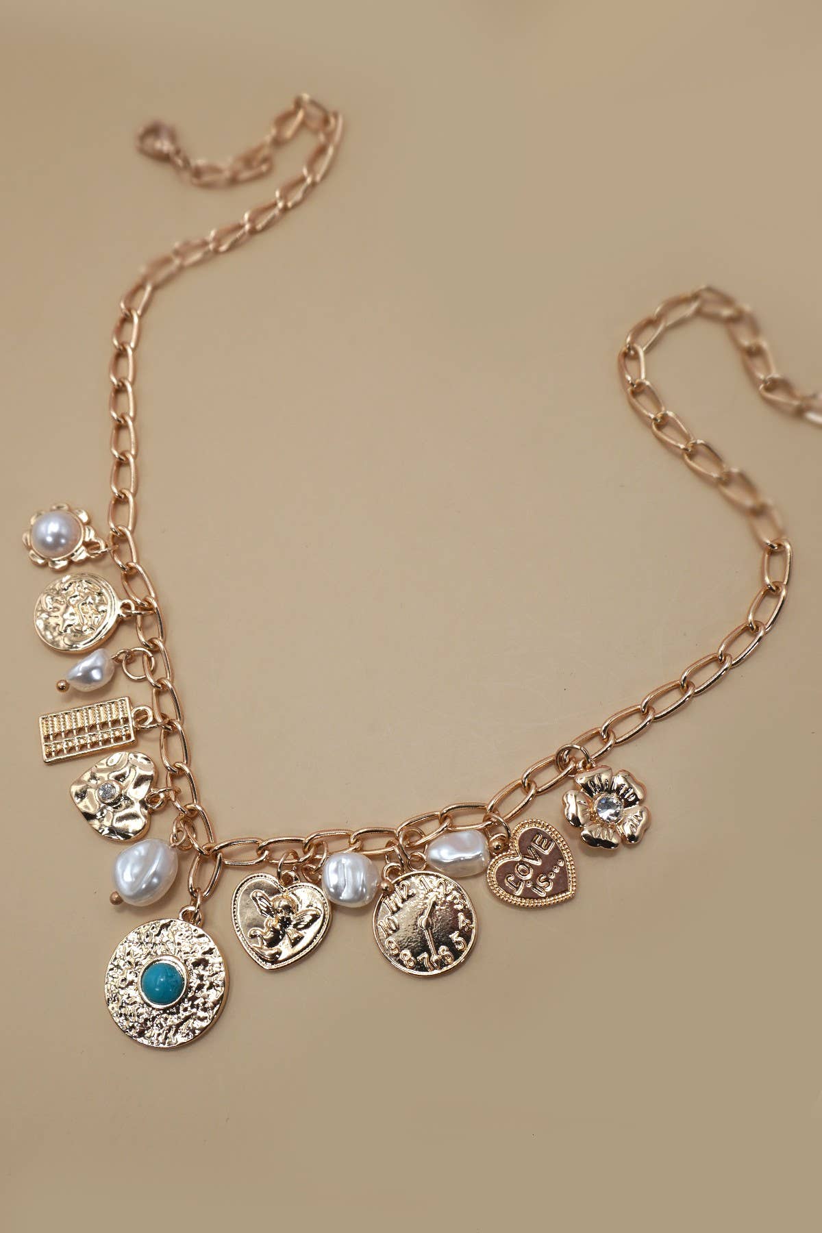 CHARM NECKLACE-PEARL HEART TURQ COIN CHARMS