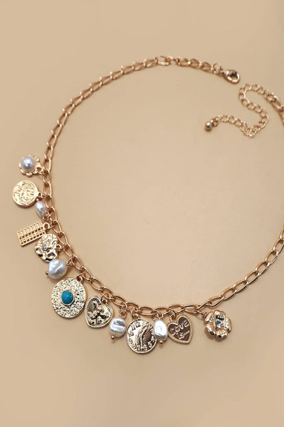 CHARM NECKLACE-PEARL HEART TURQ COIN CHARMS