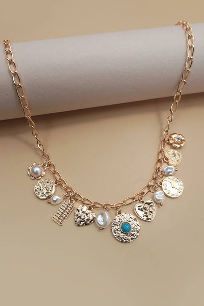 CHARM NECKLACE-PEARL HEART TURQ COIN CHARMS
