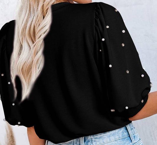 Rhinestone Pearl Puff Half Sleeve Top