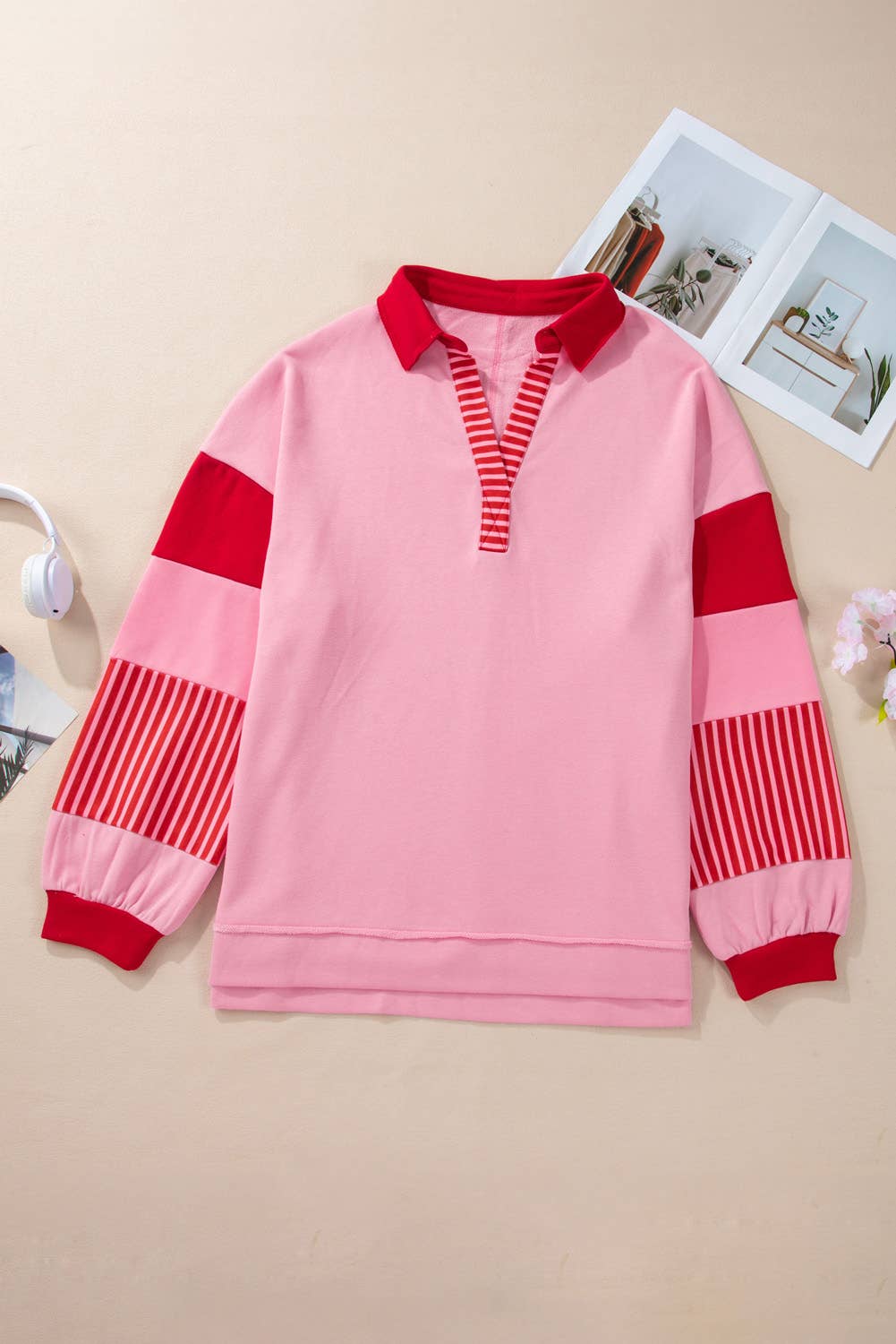 Pink & Red V Neck Sweatshirt