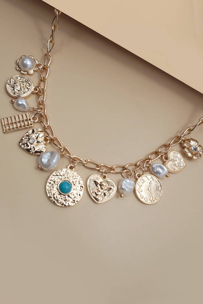 CHARM NECKLACE-PEARL HEART TURQ COIN CHARMS