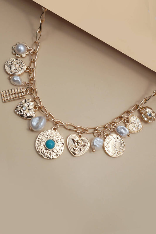 CHARM NECKLACE-PEARL HEART TURQ COIN CHARMS
